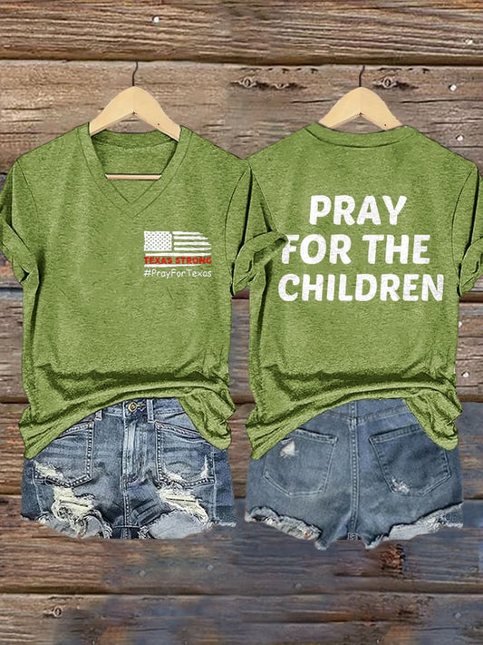 V-Neck Retro Texas Strong Pray For Texas Pray For The Children Print T-Shirt