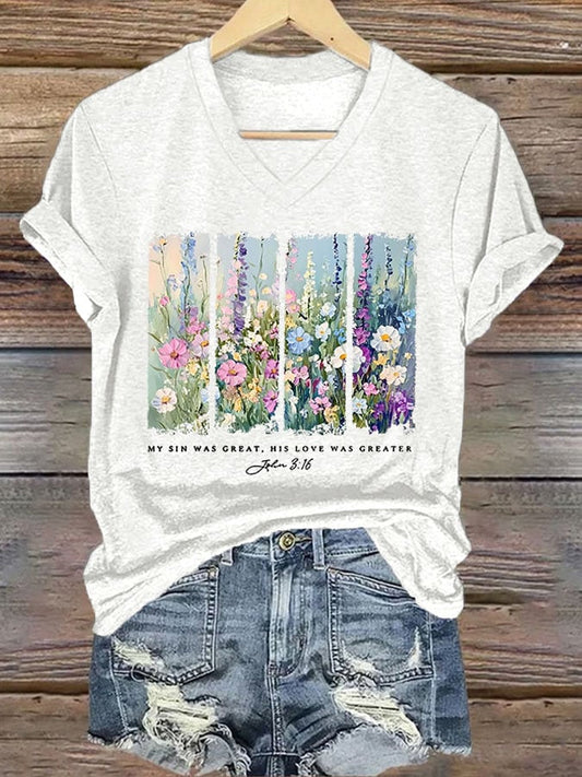 Women'S Casual My Sin Was Great His Love Was Greater Bible Verse painting Print Short Sleeve T-Shirt