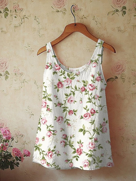 Women's Retro Loose Floral Patchwork Linen Sleeveless Tank Top