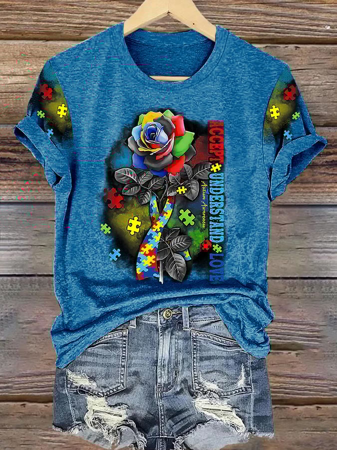Retro Autism Awareness Accept, Understand, Love Rose Ribbon Print T-Shirt