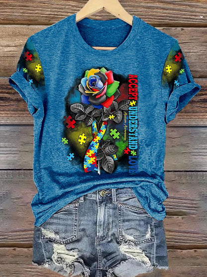 Retro Autism Awareness Accept, Understand, Love Rose Ribbon Print T-Shirt