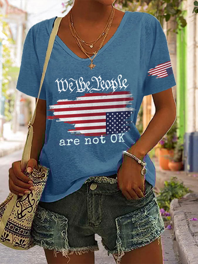 V-neck Retro We The People Are Not Ok Print T-Shirt