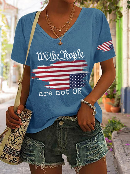 V-neck Retro We The People Are Not Ok Print T-Shirt