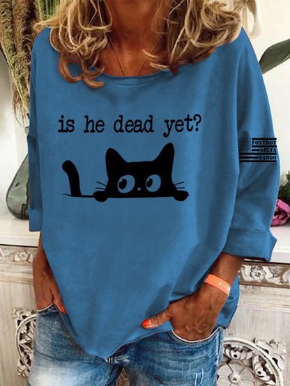 Women's Casual Long-Sleeved Round-Neck Cat Print Loose T-Shirt