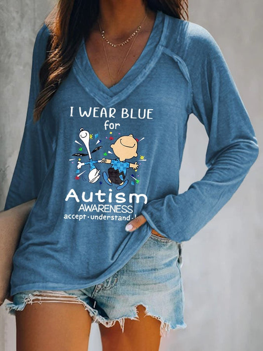 V-neck Retro Autism Awareness I Wear Blue For Autism Print T-Shirt