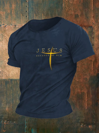 Men's Vintage Faith “Jesus Because Of Him”” Print Casual T-Shirt