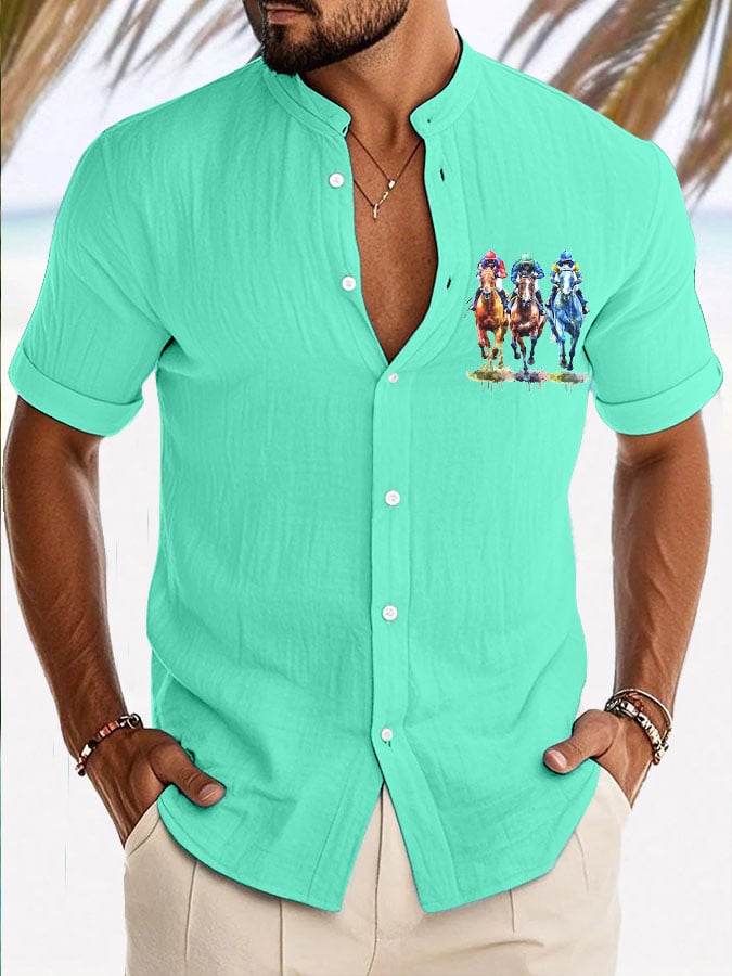 Men's Horse Racinng Print Resort Casual Stand Collar Shirt