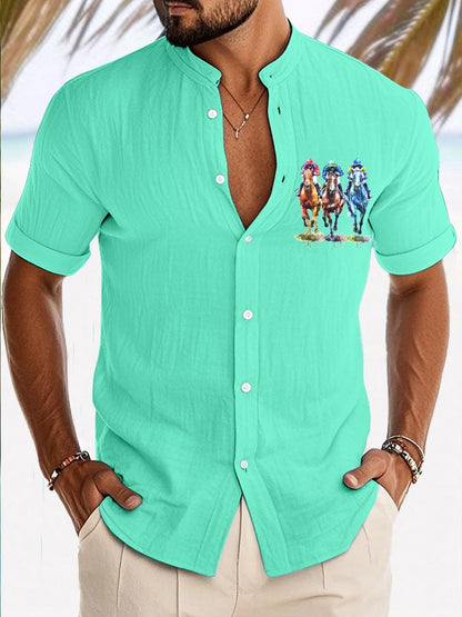 Men's Horse Racinng Print Resort Casual Stand Collar Shirt