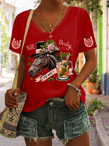 Women's Horse Racing Print V-Neck T-Shirt