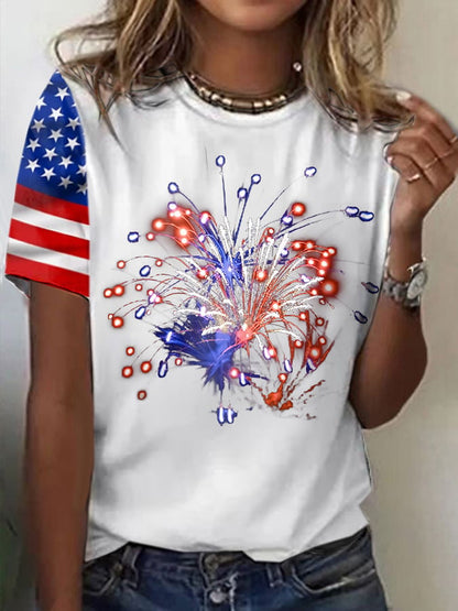 Women's Flag Fireworks Independence Day Print Casual T-Shirt