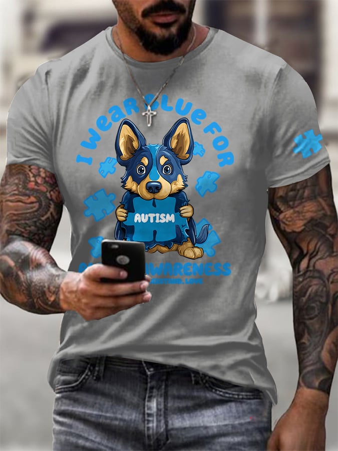 Men's Retro I Wear Blue For The Month Of April For Autism Print Casual Round Neck T-Shirt