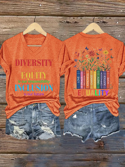 V-neck Retro Diversity Is Our Strength Equity Is Our Responsibility Inclusion Is Our Future Print T-Shirt