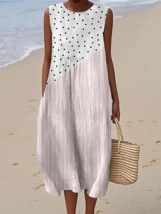 Women's Retro Polka Dot Stripe Art Print With Pockets Dress