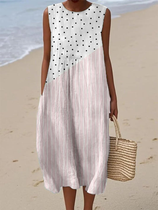 Women's Retro Polka Dot Stripe Art Print With Pockets Dress