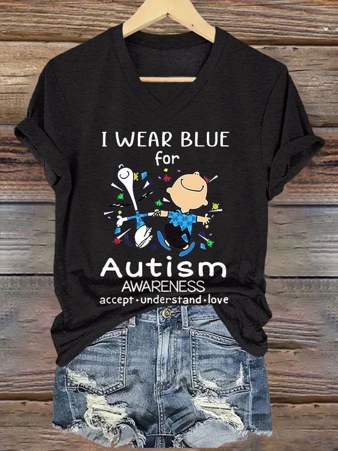 V-neck Retro Autism Awareness I Wear Blue For Autism Accept, Understand, Love Print T-Shirt
