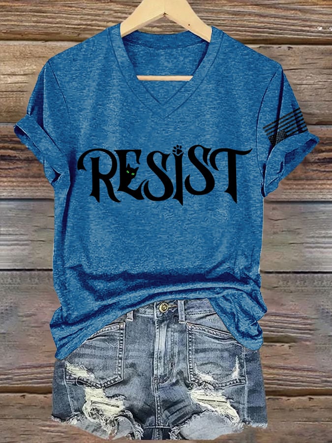 V-Neck Retro Resist Cat Paw Print T-Shirt