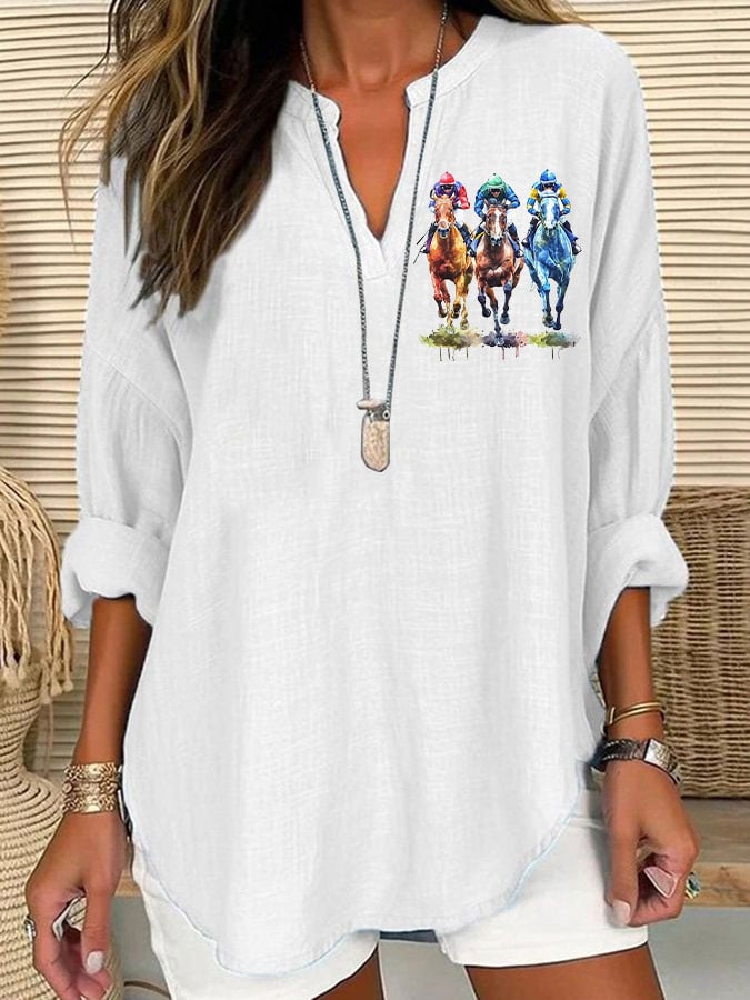 Women's Horse Racing Print Casual Long Sleeve V-Neck Shirt