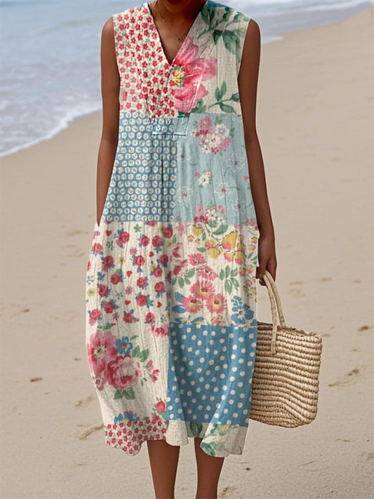 Women's Vintage Floral Print V Neck Casual Dress