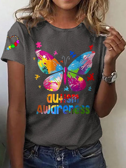 Women's Autism Awareness Printed Casual T-Shirt