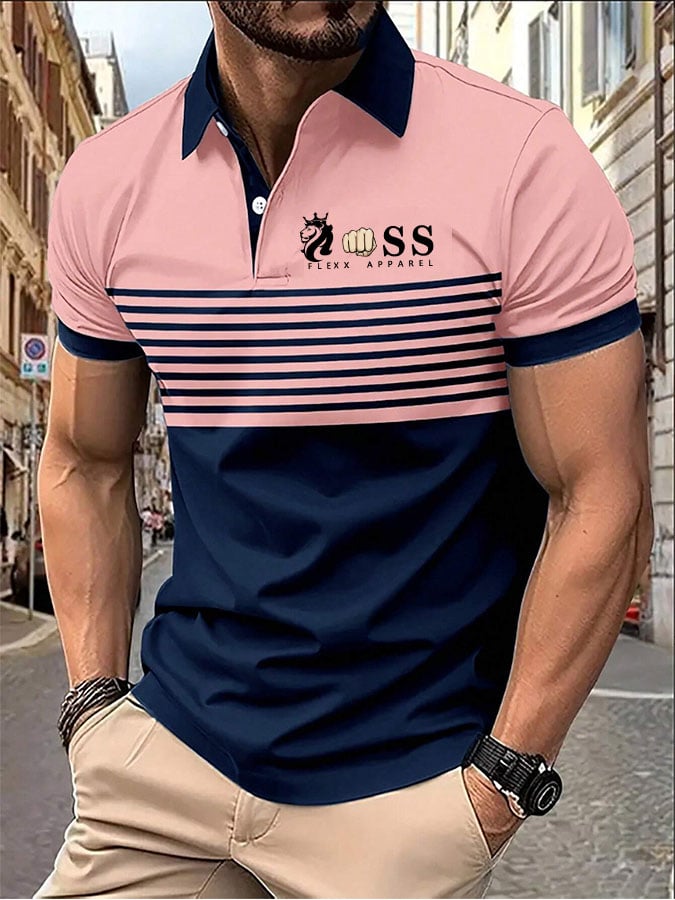 Men's Striped Lettering Casual Polo Shirt