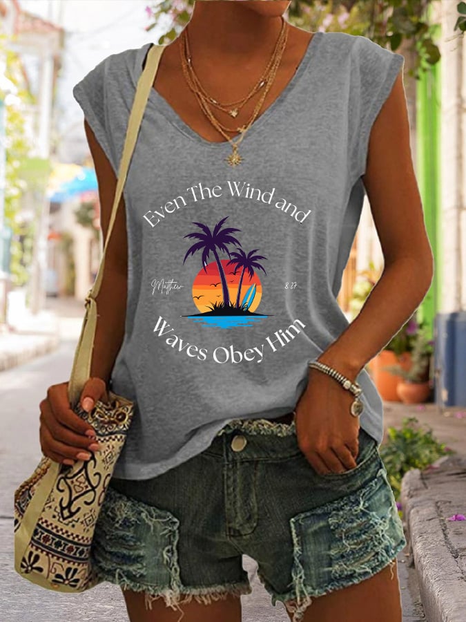 Women's Casual Christian Bible Verse Palm Tree Print Tank Top