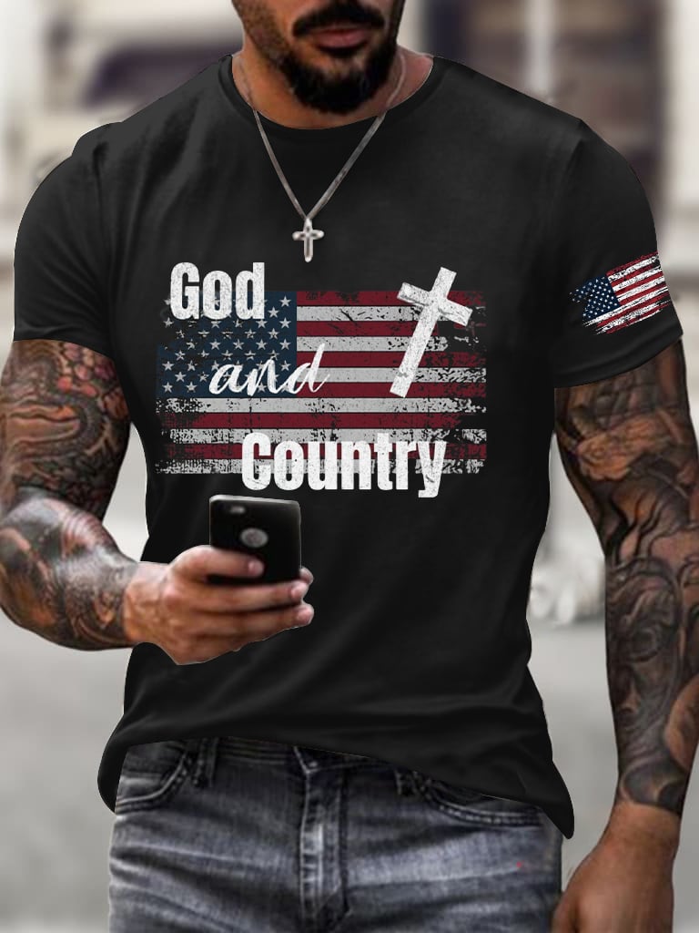 Men's Retro Independence Day Faith Printed Round Neck T-Shirt