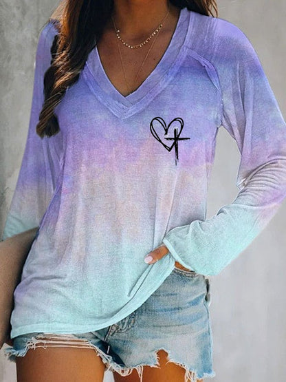 Women's Faith Love Like Jesus Jesus Has My Back Print V-Neck Long Sleeve T-shirt