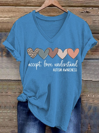 Women's Accept. Love Understand Autism Awareness Printed Short-Sleeved T-Shirt