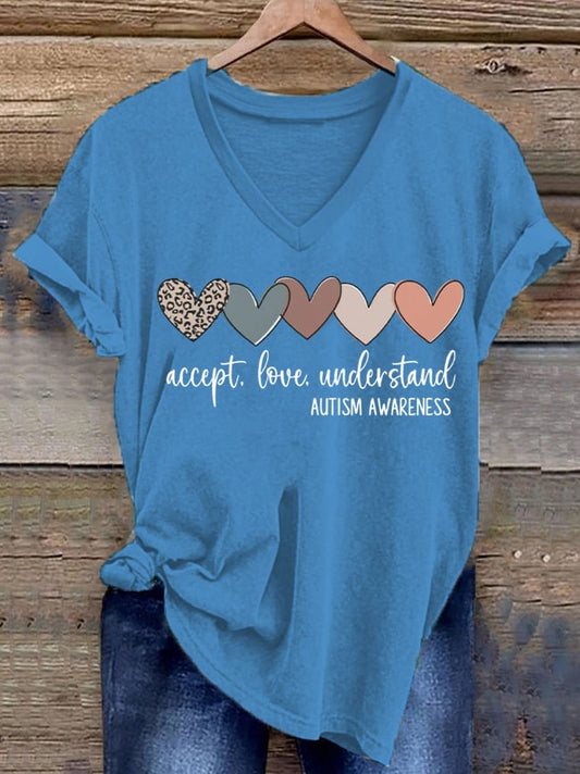 Women's Accept. Love Understand Autism Awareness Printed Short-Sleeved T-Shirt