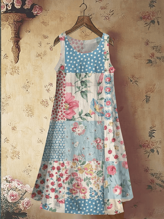 Women's Vintage Botanical Floral Print Linen Blend Tank Dress