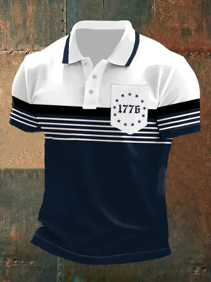 Men's Independence Day Retro Striped Casual Print With Pockets Polo Shirt