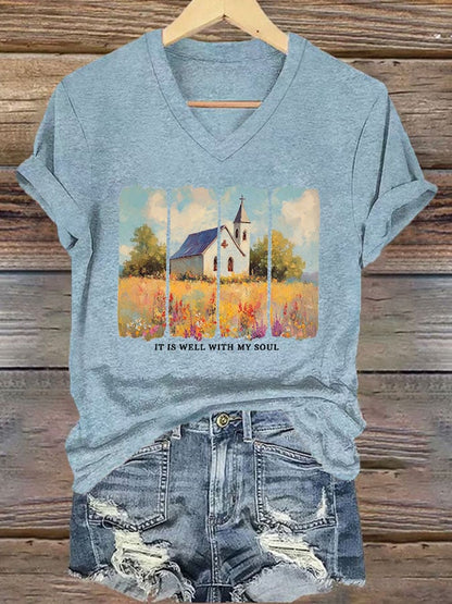 Women'S Casual It Is Well With My Soul Wildflower Christian Bible Verse Print Short Sleeve T-Shirt