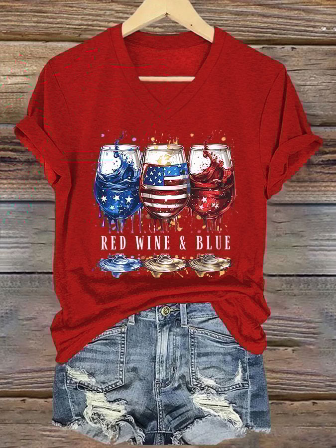 V-Neck Retro Independence Day Red Wine And Blue Print T-Shirt