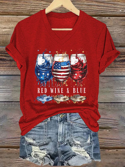 V-Neck Retro Independence Day Red Wine And Blue Print T-Shirt