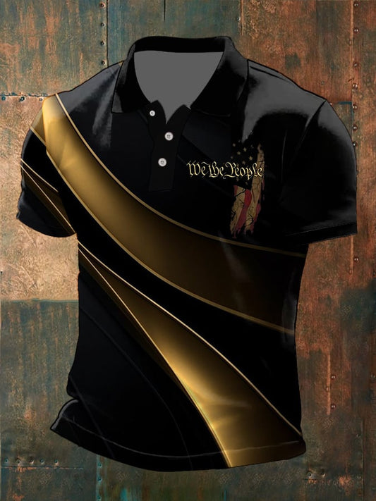 Men's Vintage Flag We The People Print Polo Shirt
