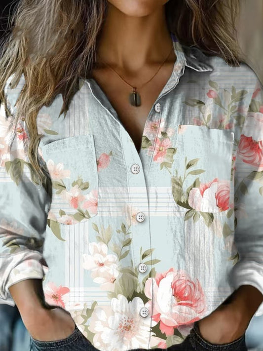 Women's Vintage Botanical Floral Art Print Lapel Shirt