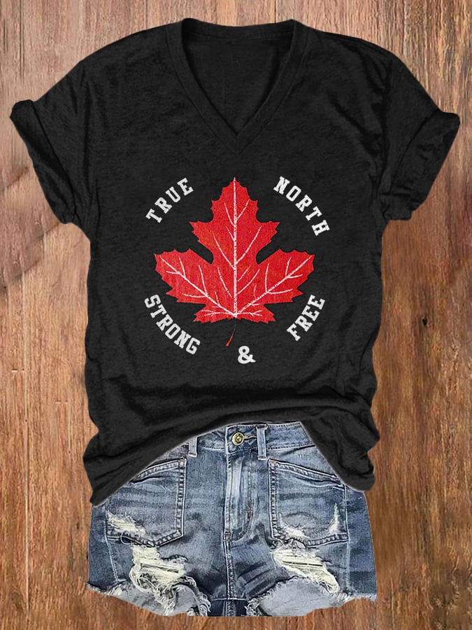 Women's Canada True North Strong & Free Print V-Neck T-Shirt