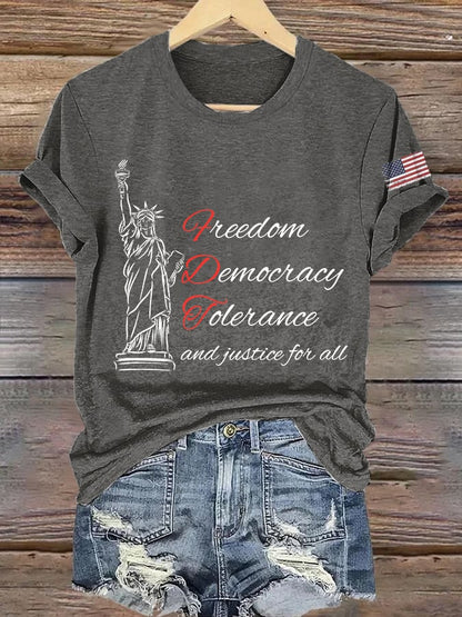 Women's Freedom Democracy Tolerance And Justice For All Printed Round Neck T-shirt