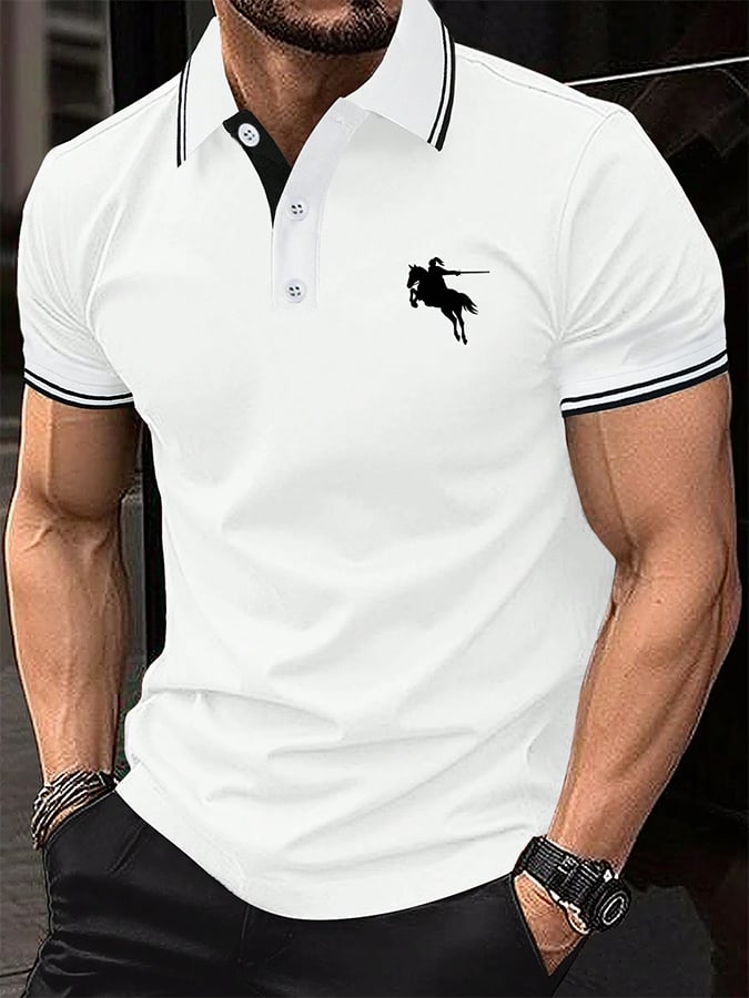 Men's Horse Stripe Print Casual Polo Shirt