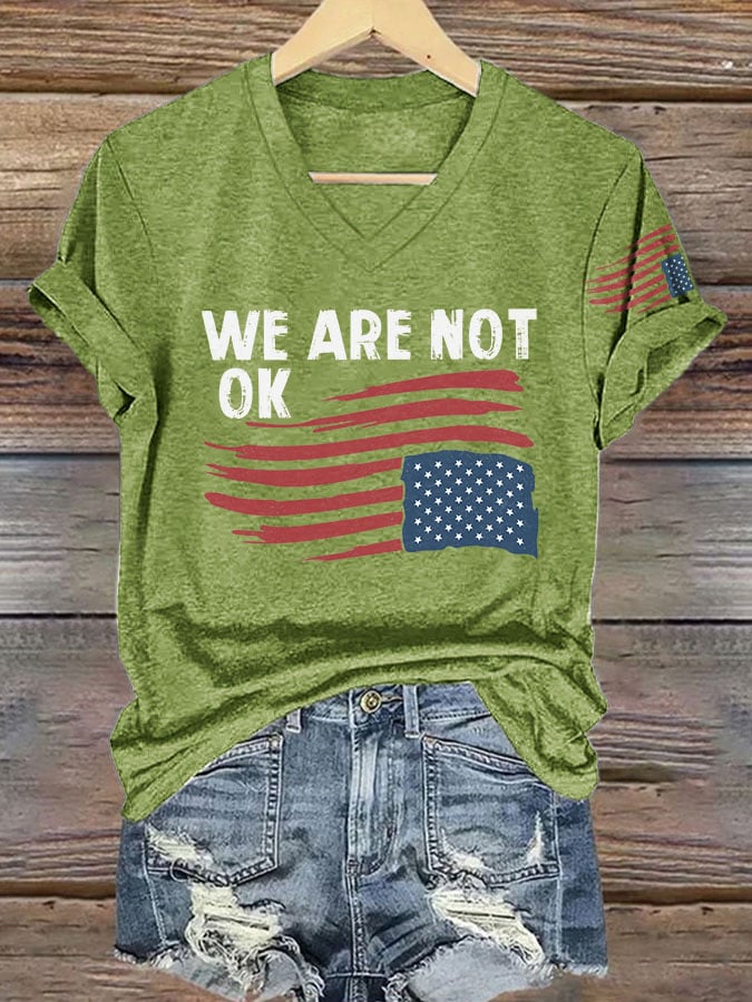 V-neck Retro We Are Not Ok Print T-Shirt