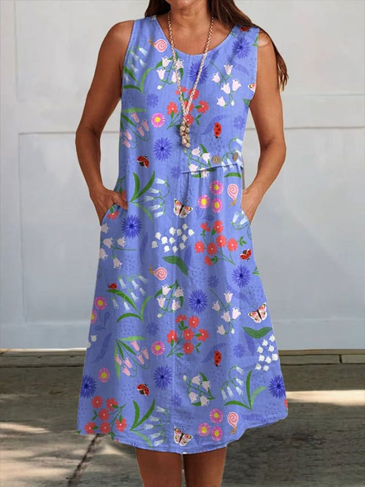 Women's Vintage Botanical Floral Print Button Patchwork Crew Neck Dress