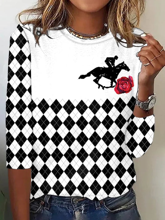 Women's Retro Derby Day Print Crew Neck T-Shirt