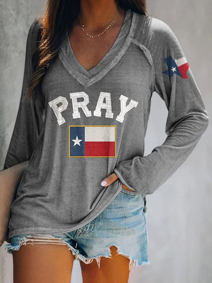V-neck Retro Pray For Texas Texas Strong Print T-Shirt