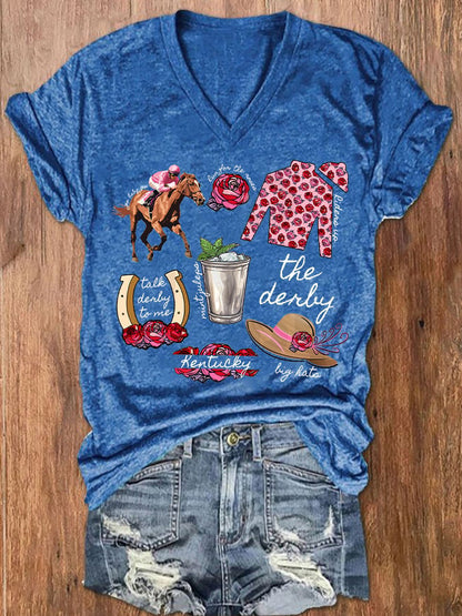 Women's Derby Horses Print V-Neck T-Shirt