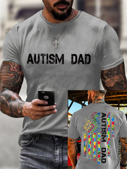 Men's Retro Autistic Dad Autism Awareness Printed Round Neck T-Shirt