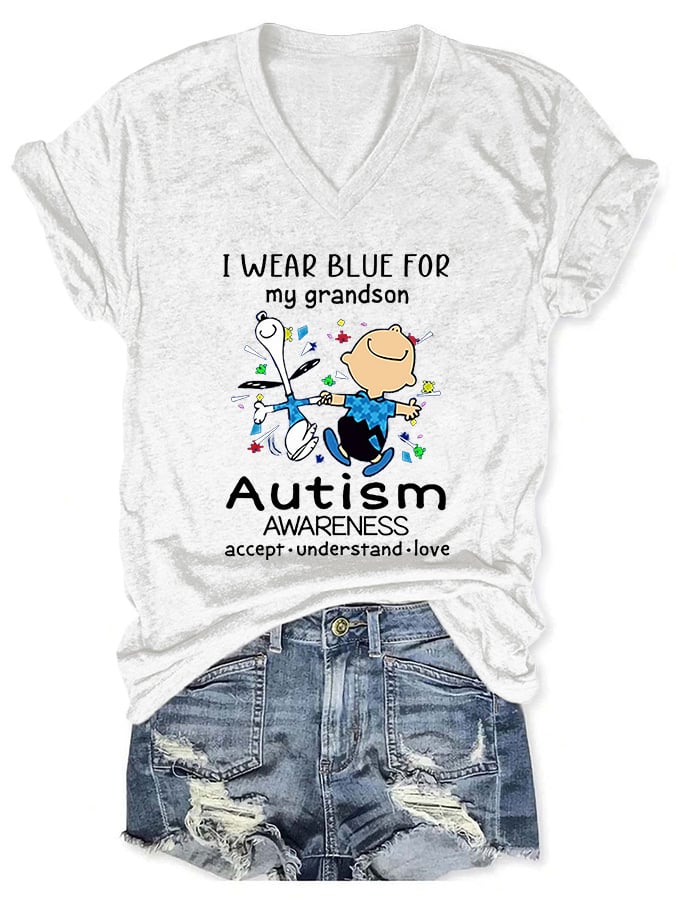 V-neck Autism Awareness I Wear Blue For My Grandson Print T-Shirt