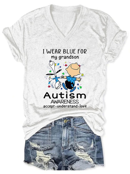 V-neck Autism Awareness I Wear Blue For My Grandson Print T-Shirt