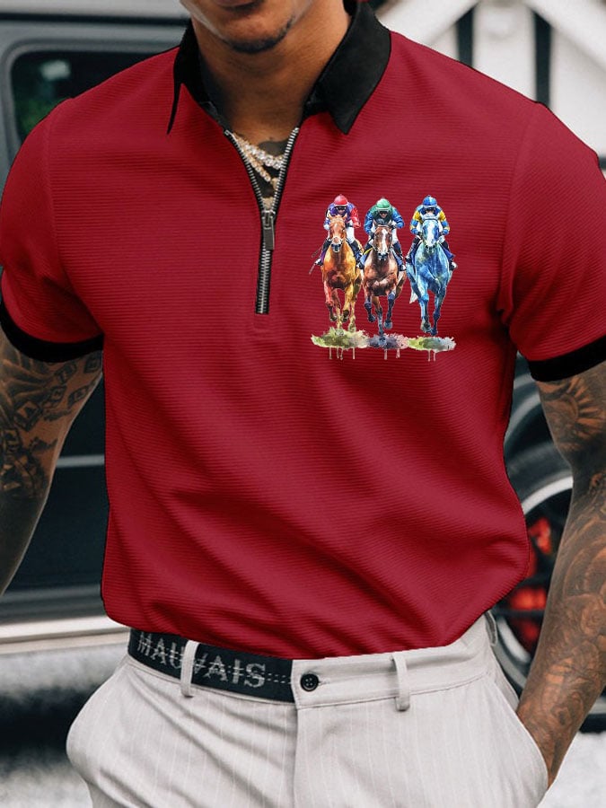 Men's Horse Racing Printed Casual Polo Shirt