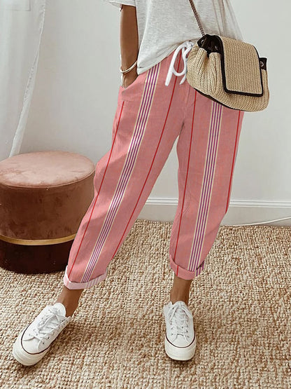 Women's Striped Design Lace-Up Elastic Waist Loose Casual Pants