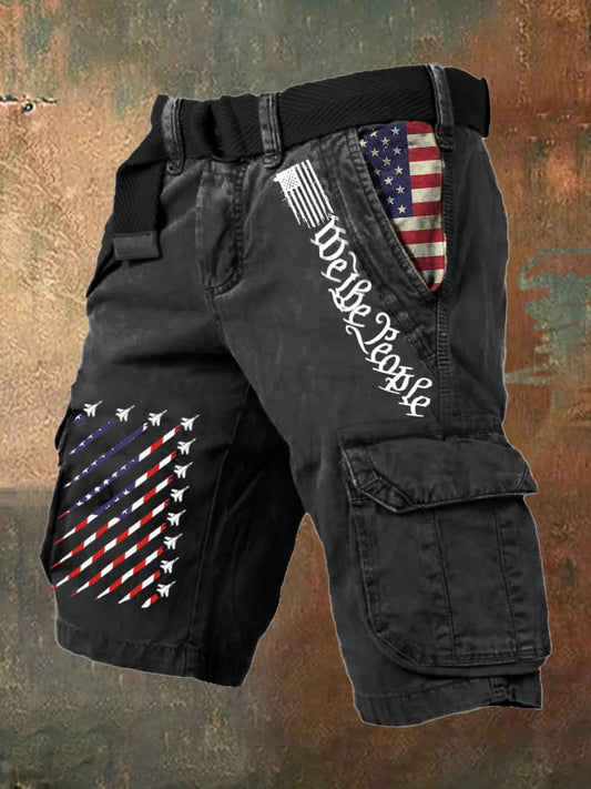 Men'S Retro Flag Multi-Pocket Printed Shorts
